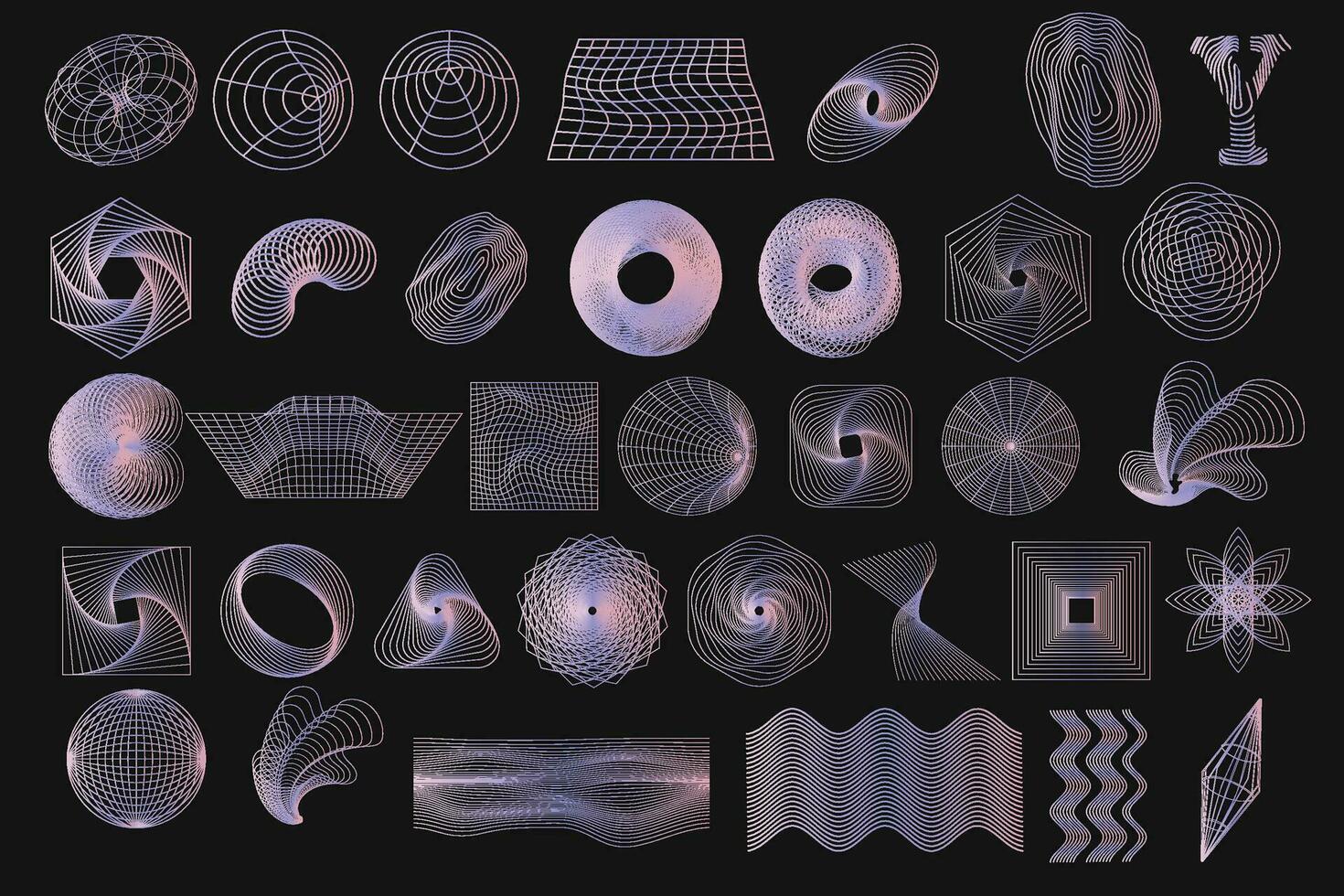 Set of gradient abstract y2k geometric wireframe elements, shapes. Retro elements vector