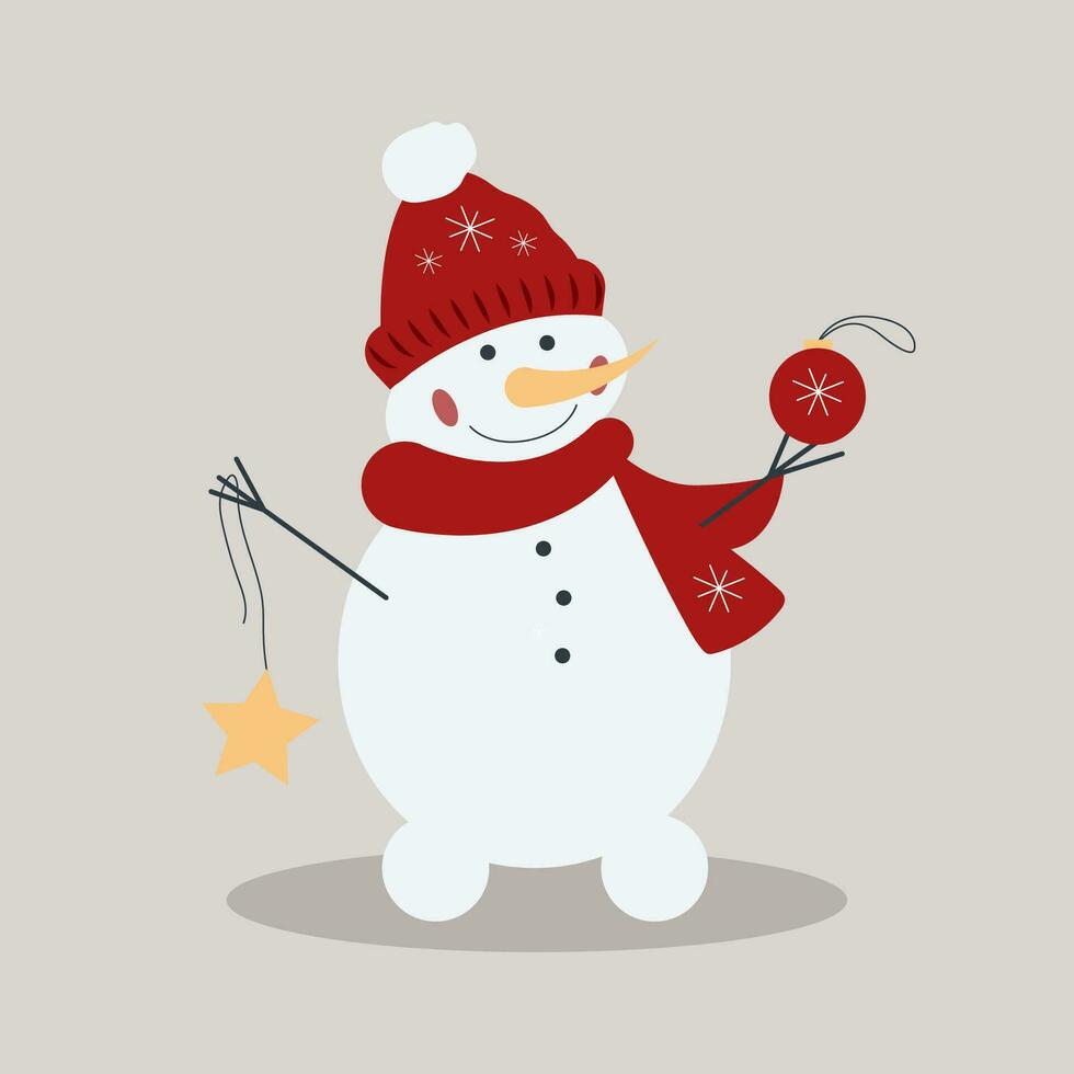 vector plano Navidad o contento nuevo año pequeño linda monigote de nieve es en pie con estrella y árbol decoración aislado en un arte antecedentes.