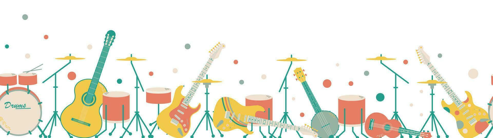 Vector long background or banner with musical instruments. Rock band includs drum, cimbals, guitar, electric guitars or amps, banjo, ukulele