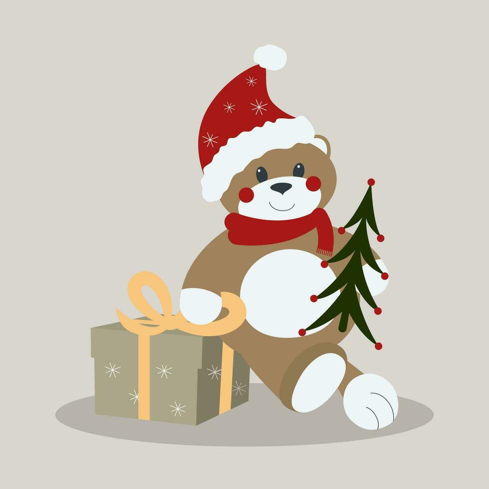 Vector flat Christmas or Happy New Year little cute bear is sitting on a gift box with noel tree.