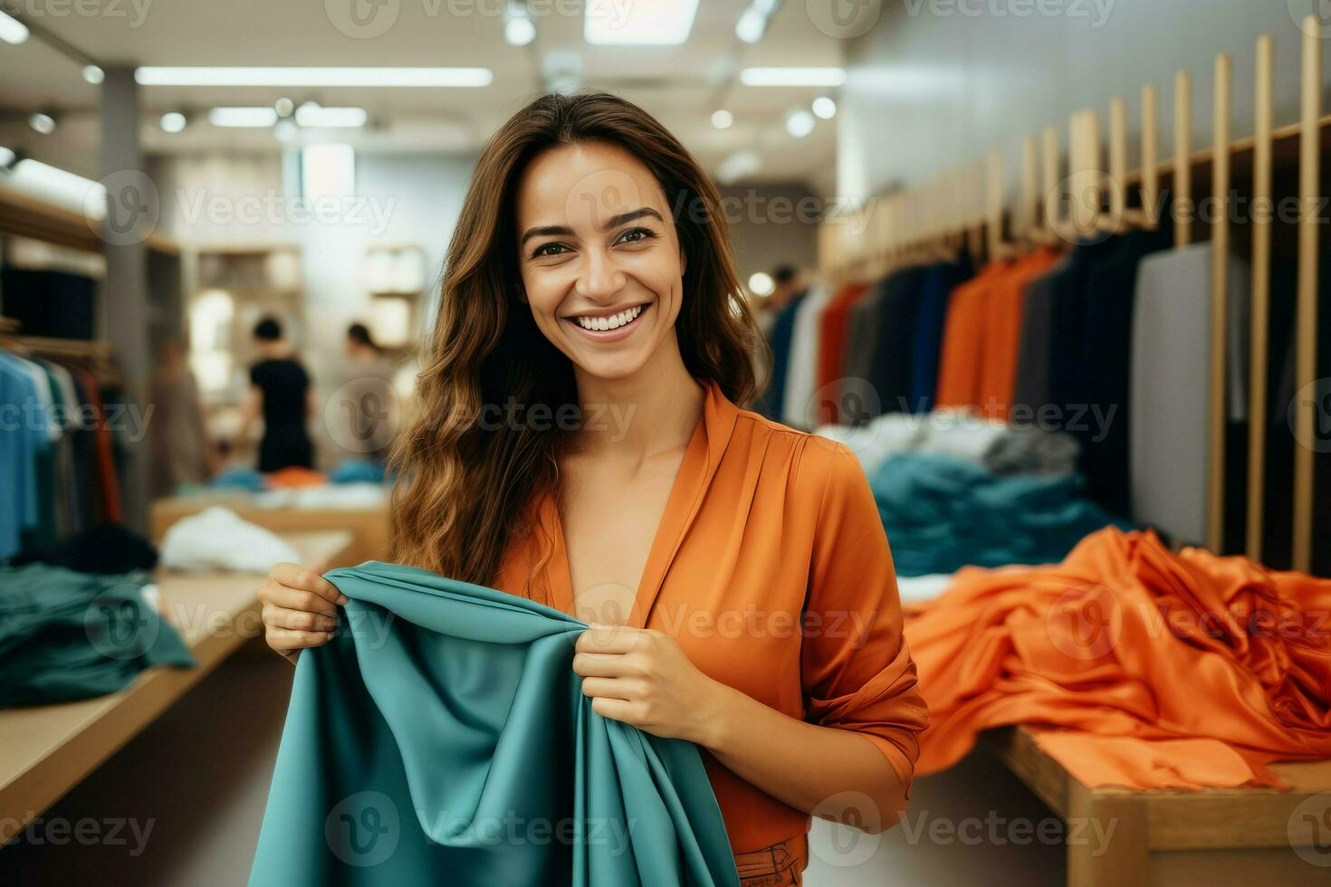 Smiling woman holding cloth store. Generate Ai photo
