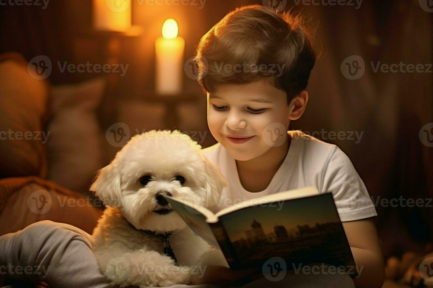 chico sonriente con bichón frise perro leyendo libro. generar ai foto