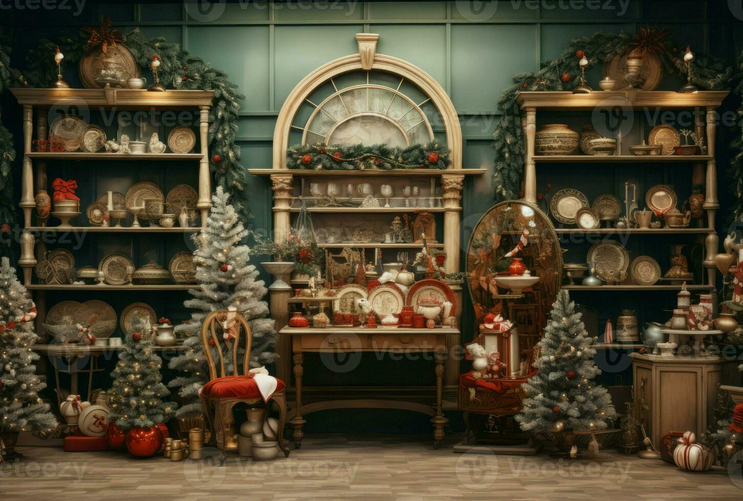 interior Navidad tienda de madera estante. generar ai foto