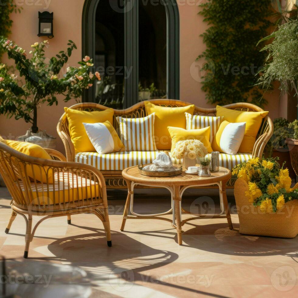 rota sofá hogar patio con almohadas bandera. generar ai foto