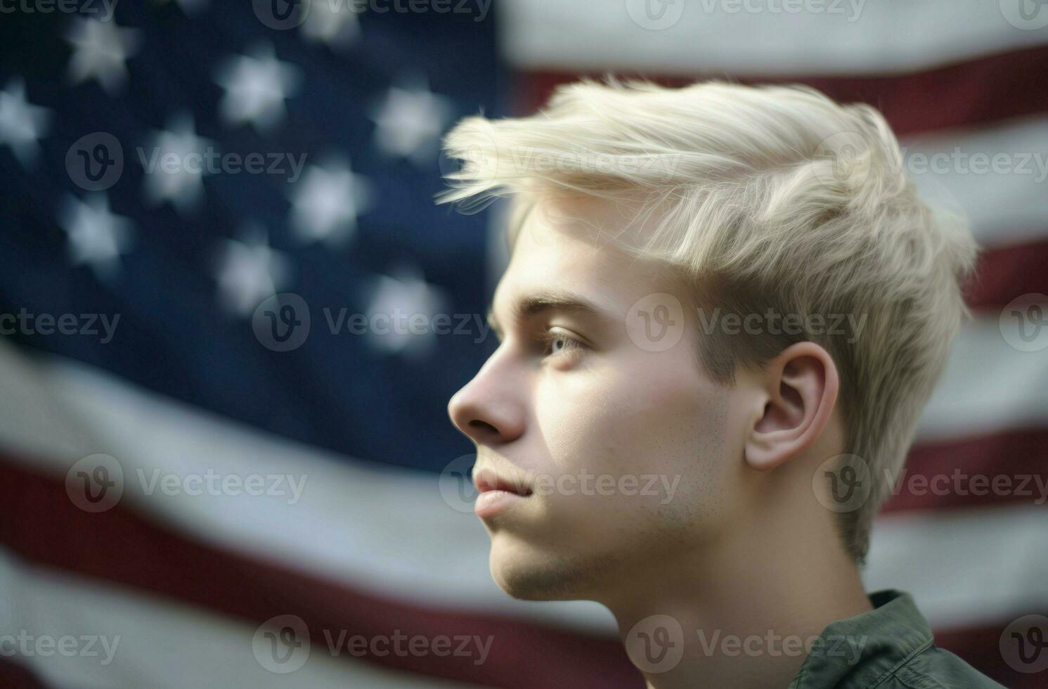Blonde man usa flag portrait. Generate Ai photo