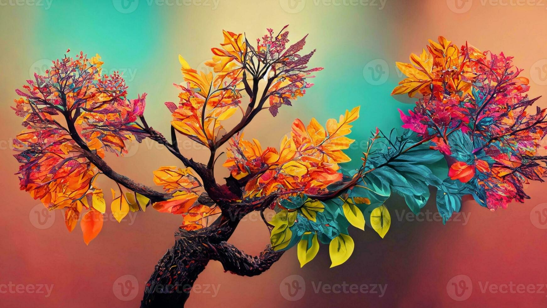 Colorful tree with leaves on hanging branches illustration background. Ai Generative. photo