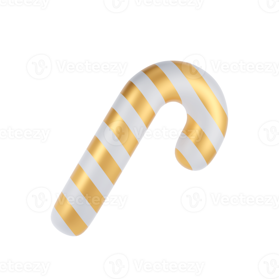 3d Christmas candy cane winter. Traditional xmas candy with golden and white stripes. Santa caramel cane with striped pattern. Illustration transparent png