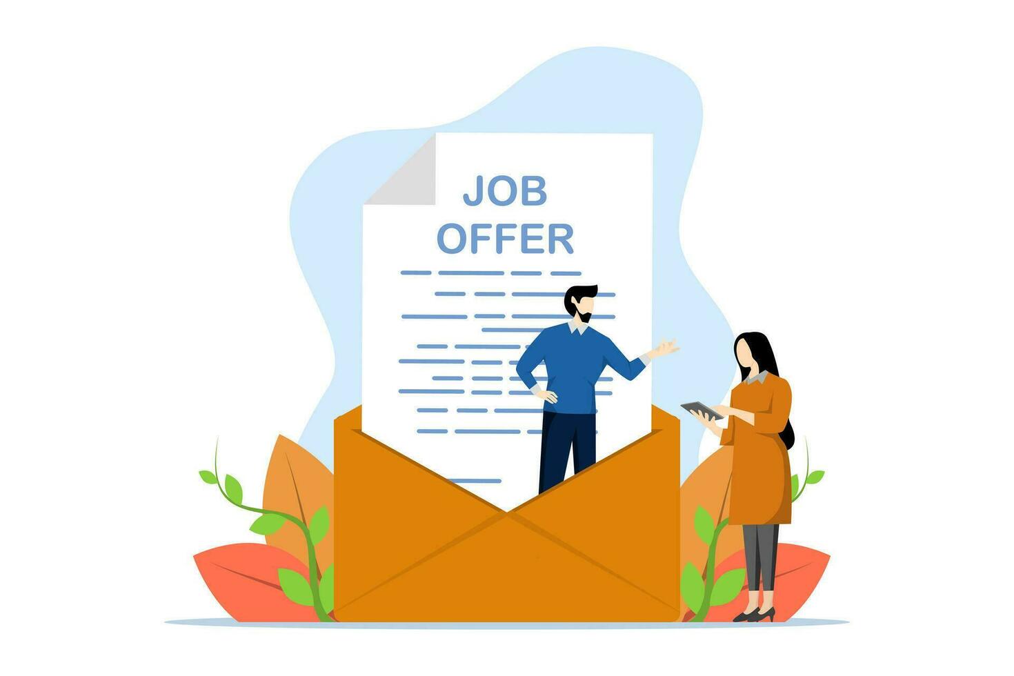 concept of vacancy or recruitment, job offer or new opportunity, career promotion or decision to move to a new office, recruitment, entrepreneur in an email envelope offering a new job to a candidate. vector