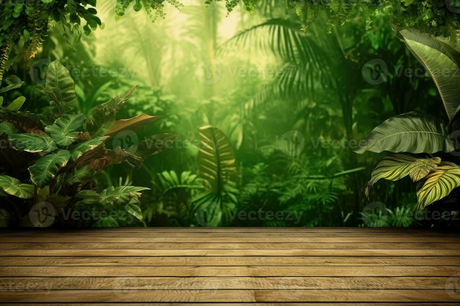 A wooden platform with a large leafy green background photo