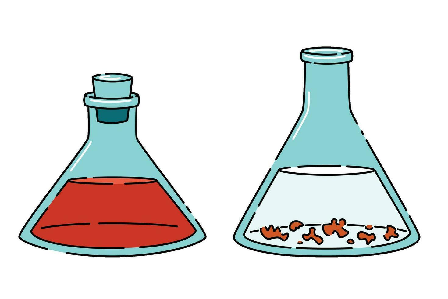 Chemical Triangular glass flasks of different forms liquids. Chemical weapon, acid or poison. Cartoon illustration. vector