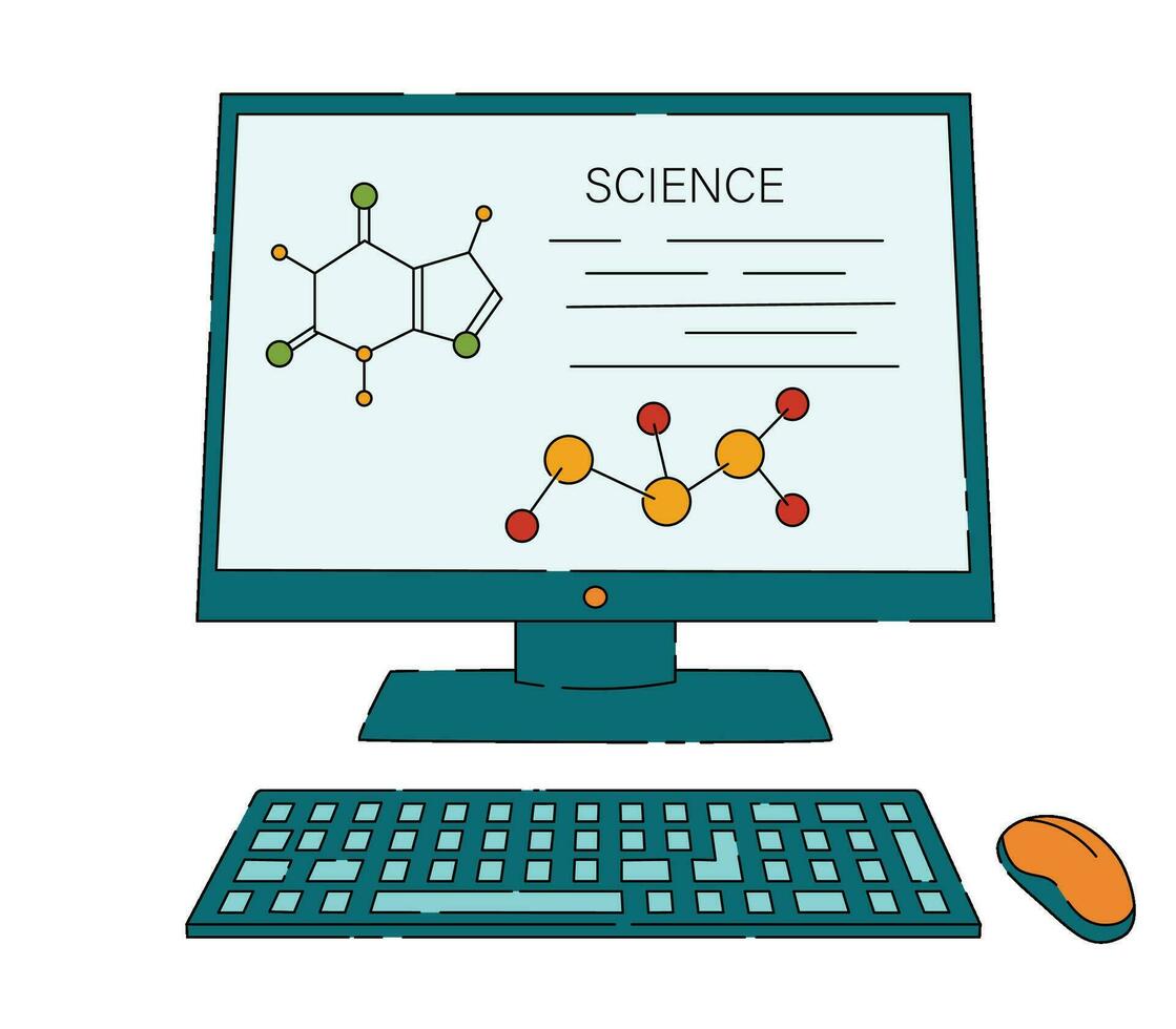 Laboratory computer for research of natural sciences, biology, chemistry, computer mouse, keyboard. Modern flat cartoon style. Vector illustration