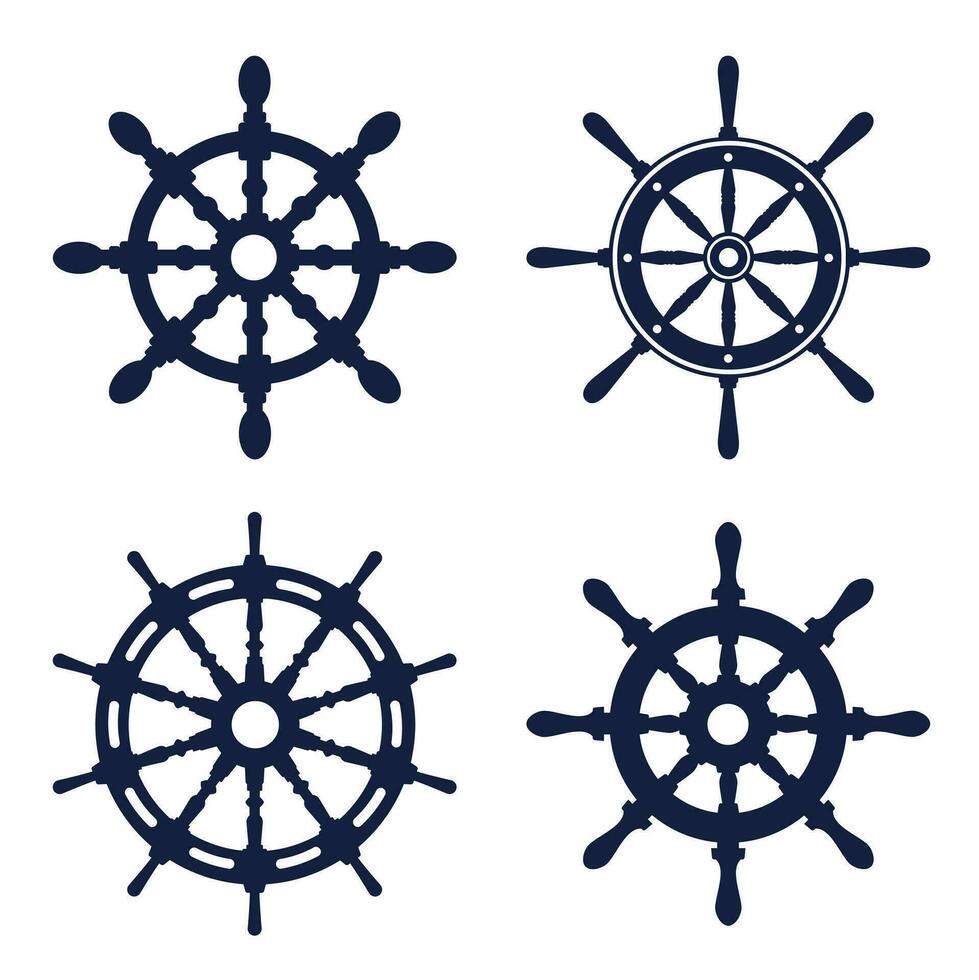 Set of Silhouettes of a ship's helm. Ship's rudder vector