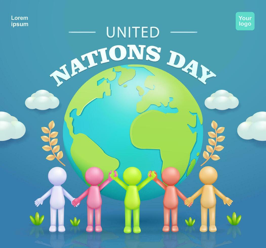 United Nations Day. Colorful stick men holding each other, with earth background, 3d vector. Suitable for events vector