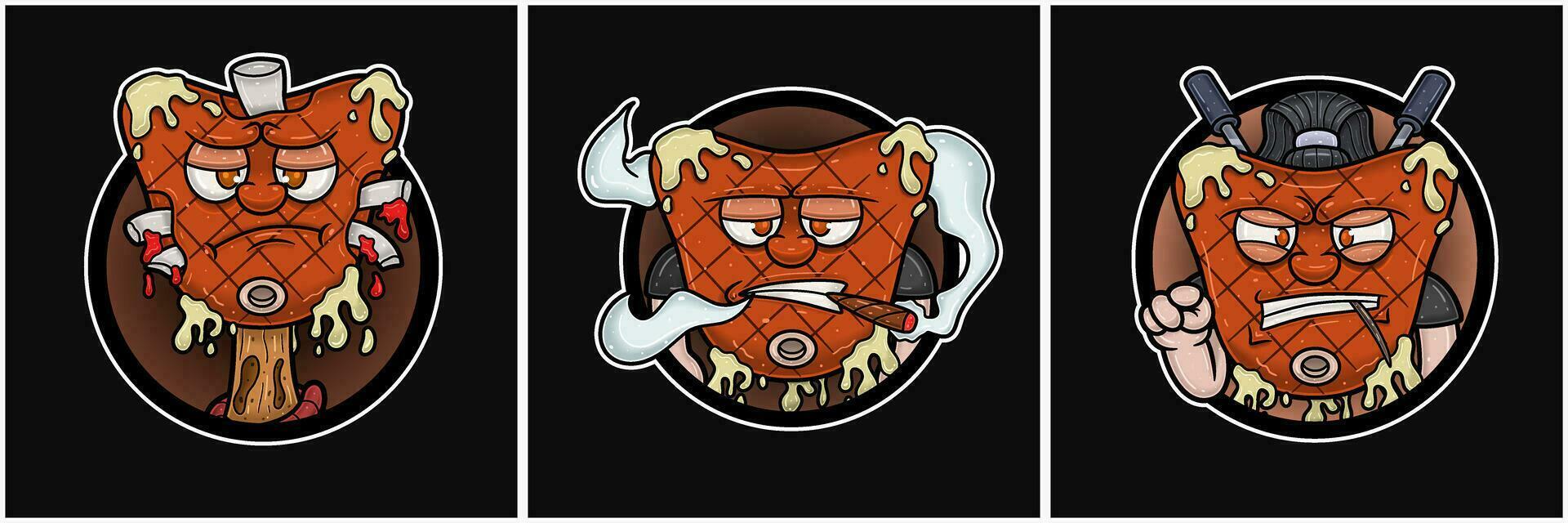 Set Of Beef Steak Mascot Cartoon. Sad, Smug and Angry Face. Circle Logo. For Food, Meat, Barbeque and Beef Logo. vector