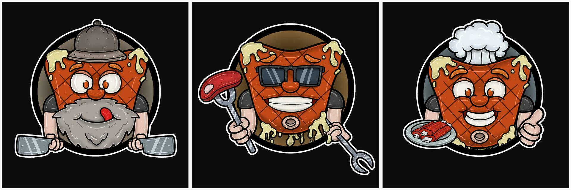 Set Of Beef Steak Mascot Cartoon. Delicious, Cool and Happy Face. Circle Logo. For Food, Meat, Barbeque and Beef Logo. vector