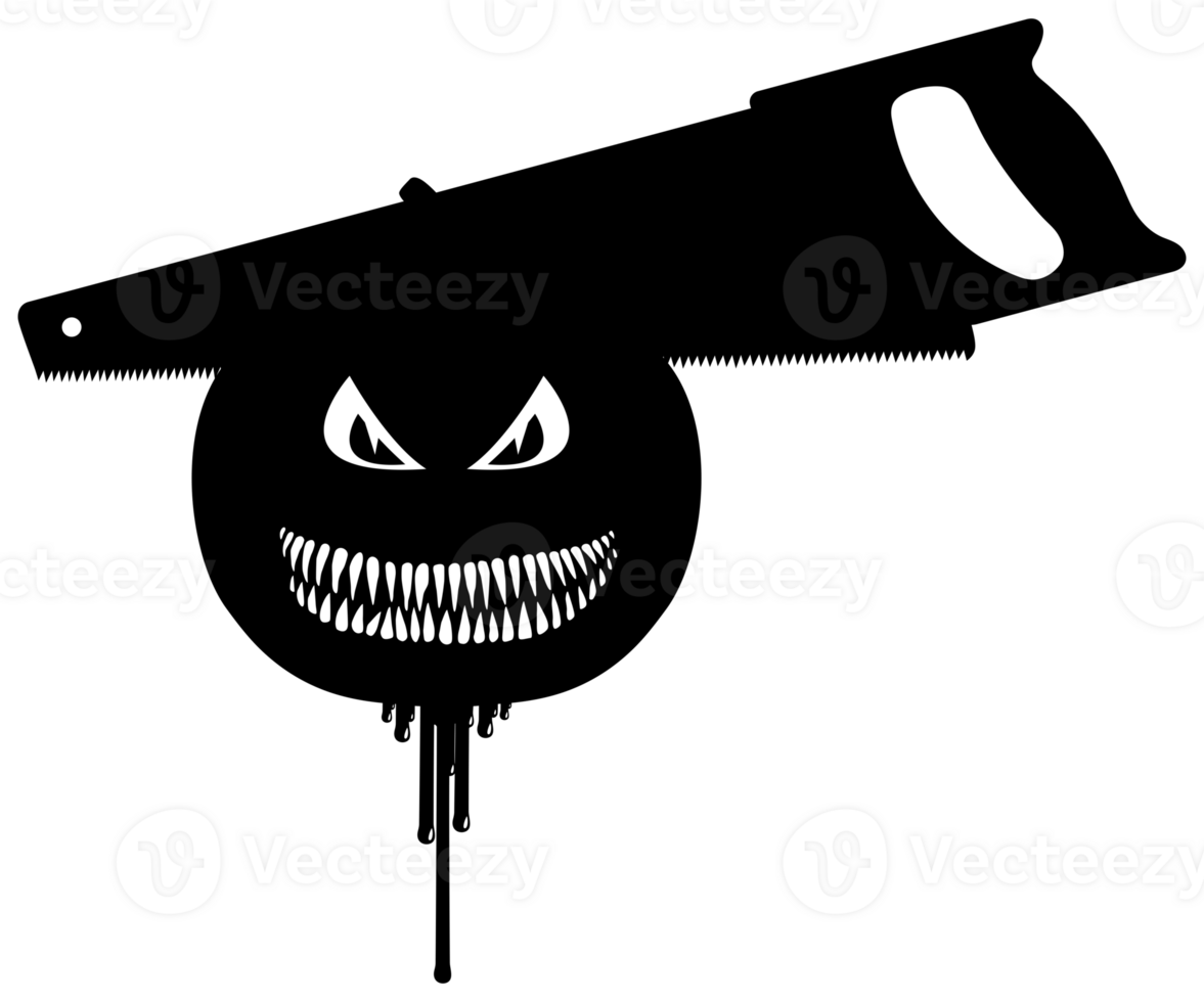 Scary Bloody Pumpkin with Handsaw on the Head, can use for Sign, Symbol, Art Illustration and Halloween Theme Poster Design. Format PNG