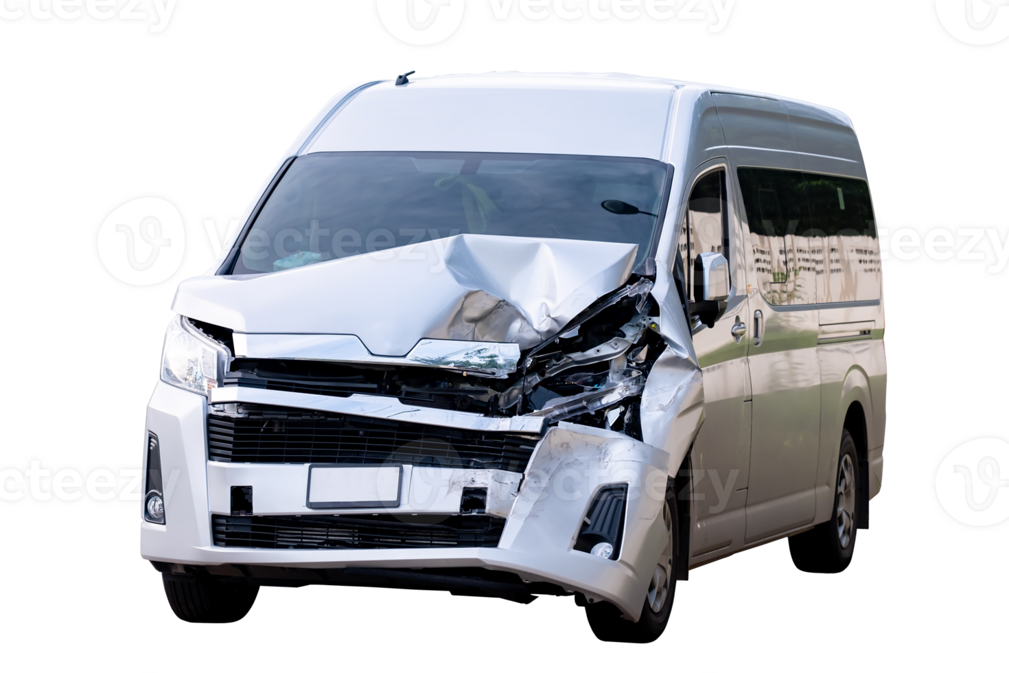 Front and side of white van car get damaged by accident on the road. damaged cars after collision. isolated on transparent background, car crash bumper on the road for graphic design element, PNG File