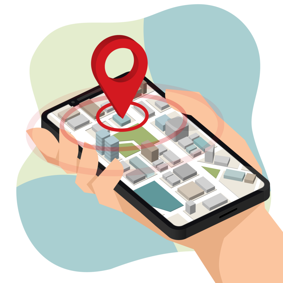 Hand holding mobile smart phone show pin to Isometric Location mobile app. png