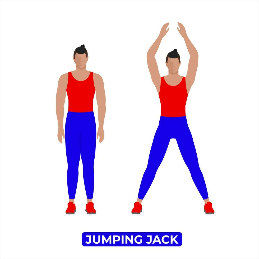 Vector Man Doing Jumping Jack. Bodyweight Fitness Cardio Workout Exercise. An Educational Illustration On A White Background.