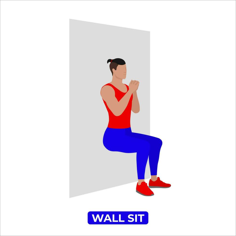 Vector Man Doing Wall Sit. Bodyweight Fitness Legs Workout Exercise. An Educational Illustration On A White Background.