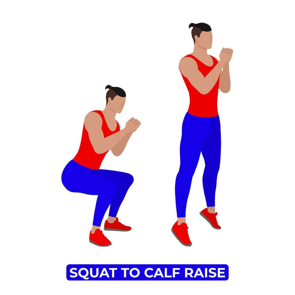 Vector Man Doing Squat to Calf Raise. Bodyweight Fitness Legs Workout Exercise. An Educational Illustration On A White Background.