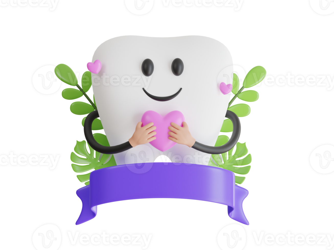 mascot of a tooth holding heart in love. 3D tooth holding a red heart. 3d illustration png