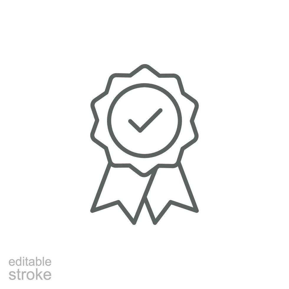 Rosette stamp icon. Simple outline style. Guarantee, warranty, certificate, medal with check mark, ribbon, quality concept. Thin line symbol. Vector isolated on white background. Editable stroke EPS.