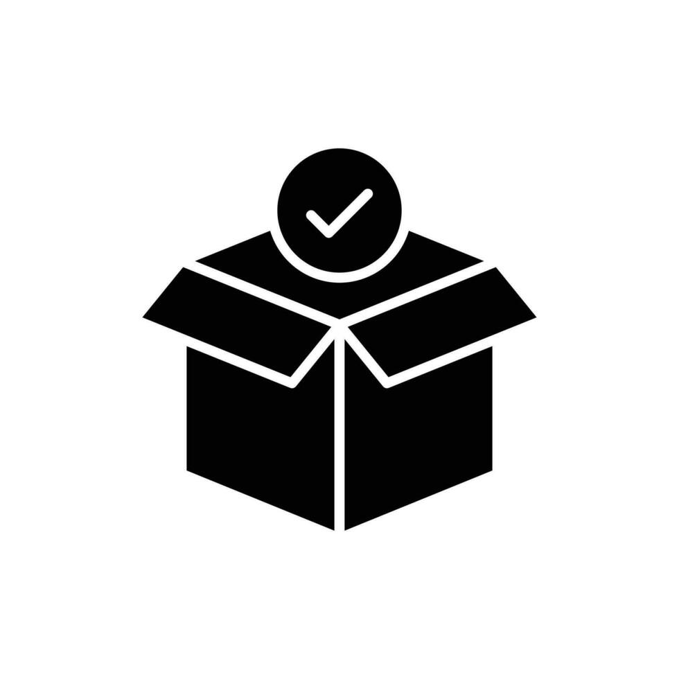Box check icon. Simple solid style. Receive product, delivery package, open order, cardboard, bulk, unpack box concept. Black silhouette, glyph symbol. Vector isolated on white background. EPS.