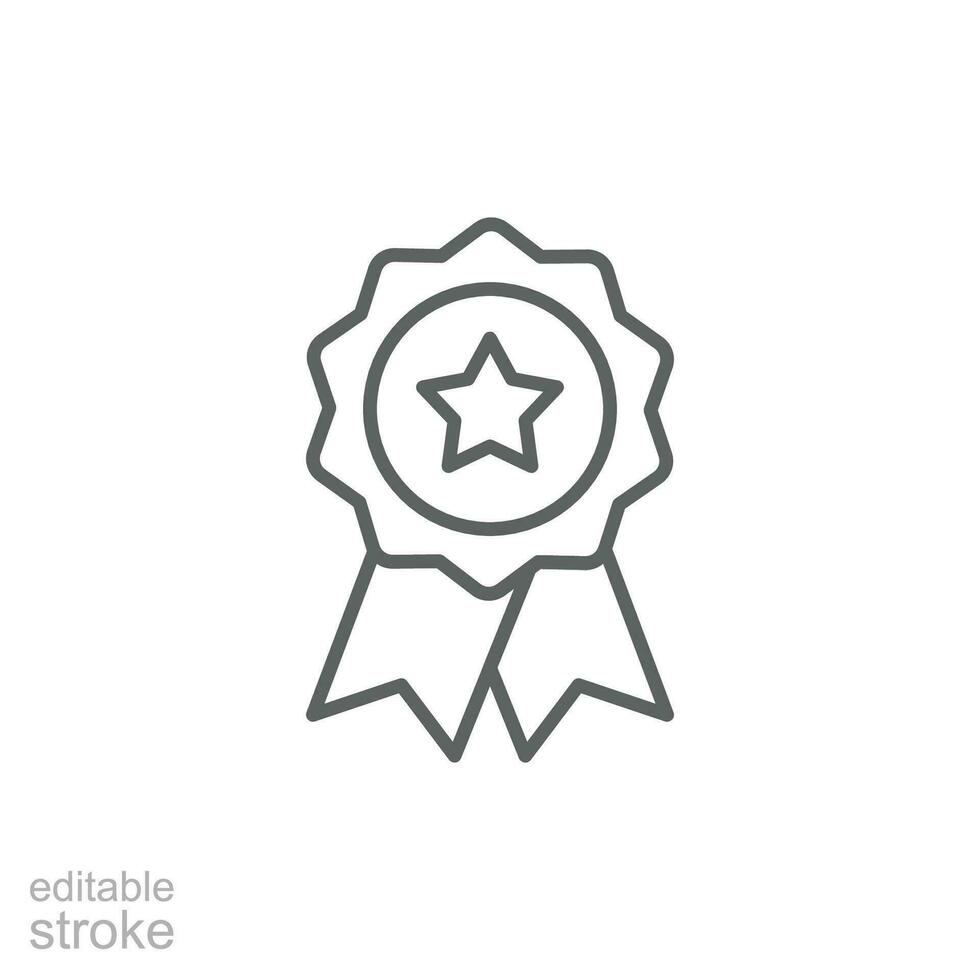 Rosette stamp icon. Simple outline style. Winner medal with star and ribbon, award, first place badge, best quality concept. Thin line symbol. Vector isolated on white background. Editable stroke EPS.