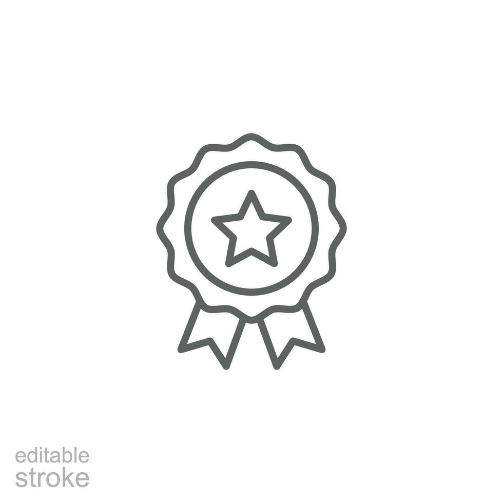 Rosette stamp icon. Simple outline style. Winner medal with star and ribbon, award, first place badge, best quality concept. Thin line symbol. Vector isolated on white background. Editable stroke EPS.