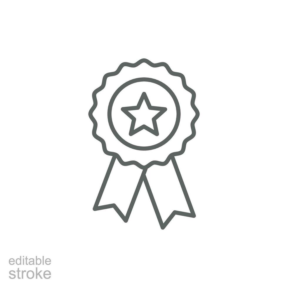 Rosette stamp icon. Simple outline style. Winner medal with star and ribbon, award, first place badge, best quality concept. Thin line symbol. Vector isolated on white background. Editable stroke EPS.