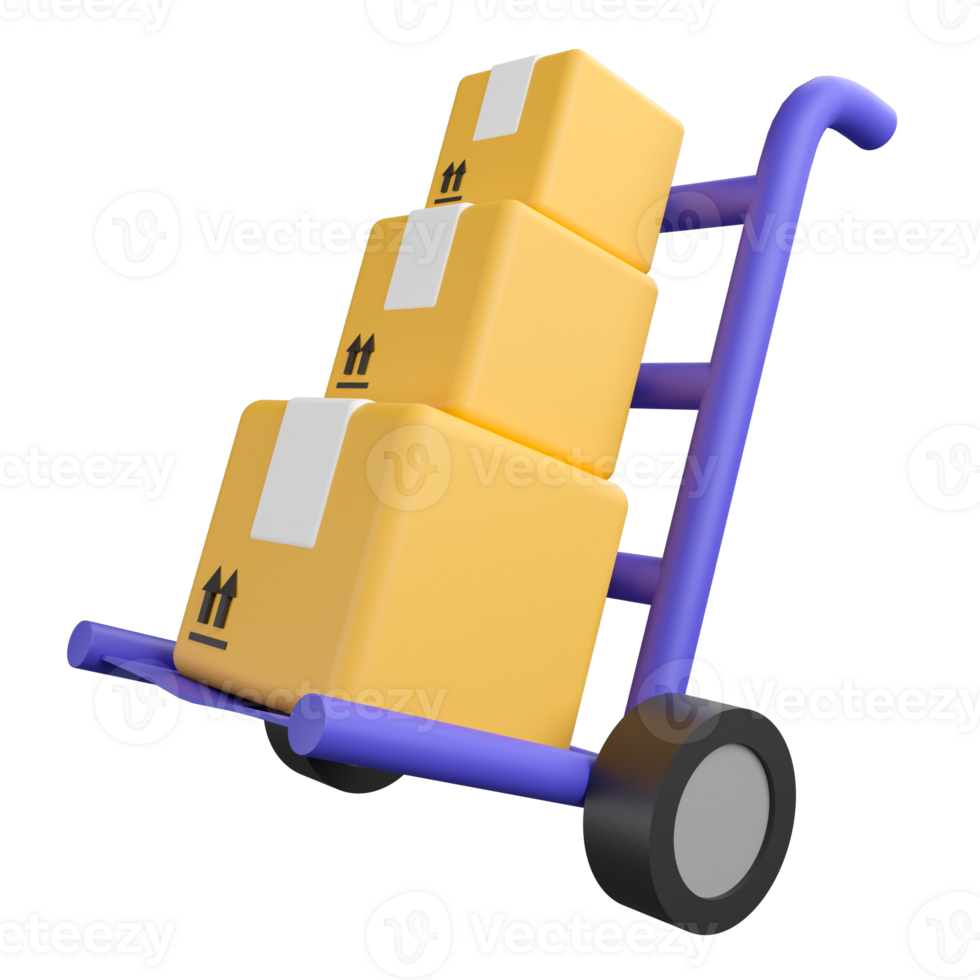 Parcel box on blue cart clipart flat design icon isolated on transparent background, 3D render logistic and delivery concept png