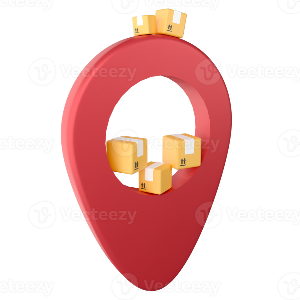 Parcel box on GPS pin clipart flat design icon isolated on transparent background, 3D render delivery concept png