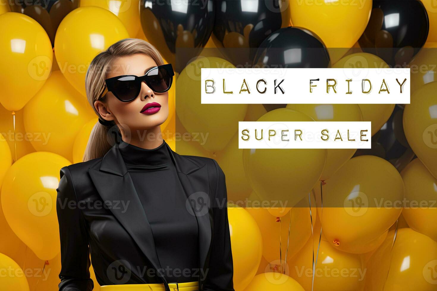 Black Friday Super Sale. Smiling beautiful young woman hold package bags with purchases after shopping on yellow background with air balloons . Black friday sale text lettering. Banner photo