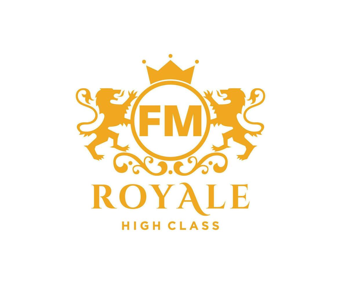 Golden Letter FM template logo Luxury gold letter with crown. Monogram alphabet . Beautiful royal initials letter. vector