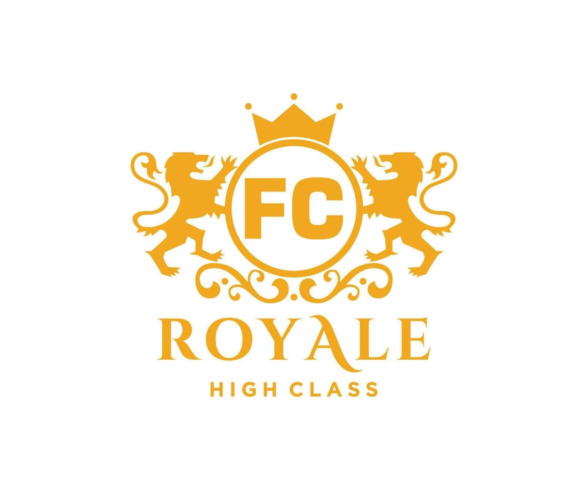 Golden Letter FC template logo Luxury gold letter with crown. Monogram alphabet . Beautiful royal initials letter. vector