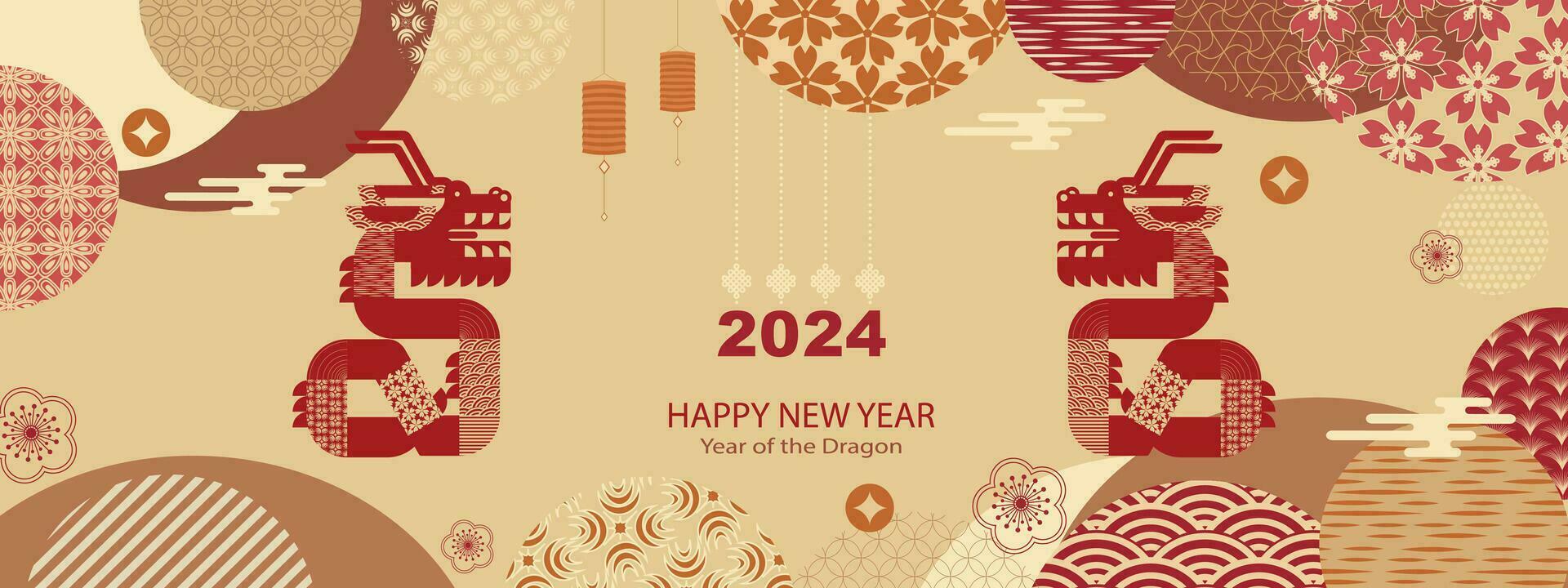 Chinese New Year 2024, Year of the Dragon, zodiac. Chinese New Year banner template with dragon and traditional patterns. Flat design. Vector illustration