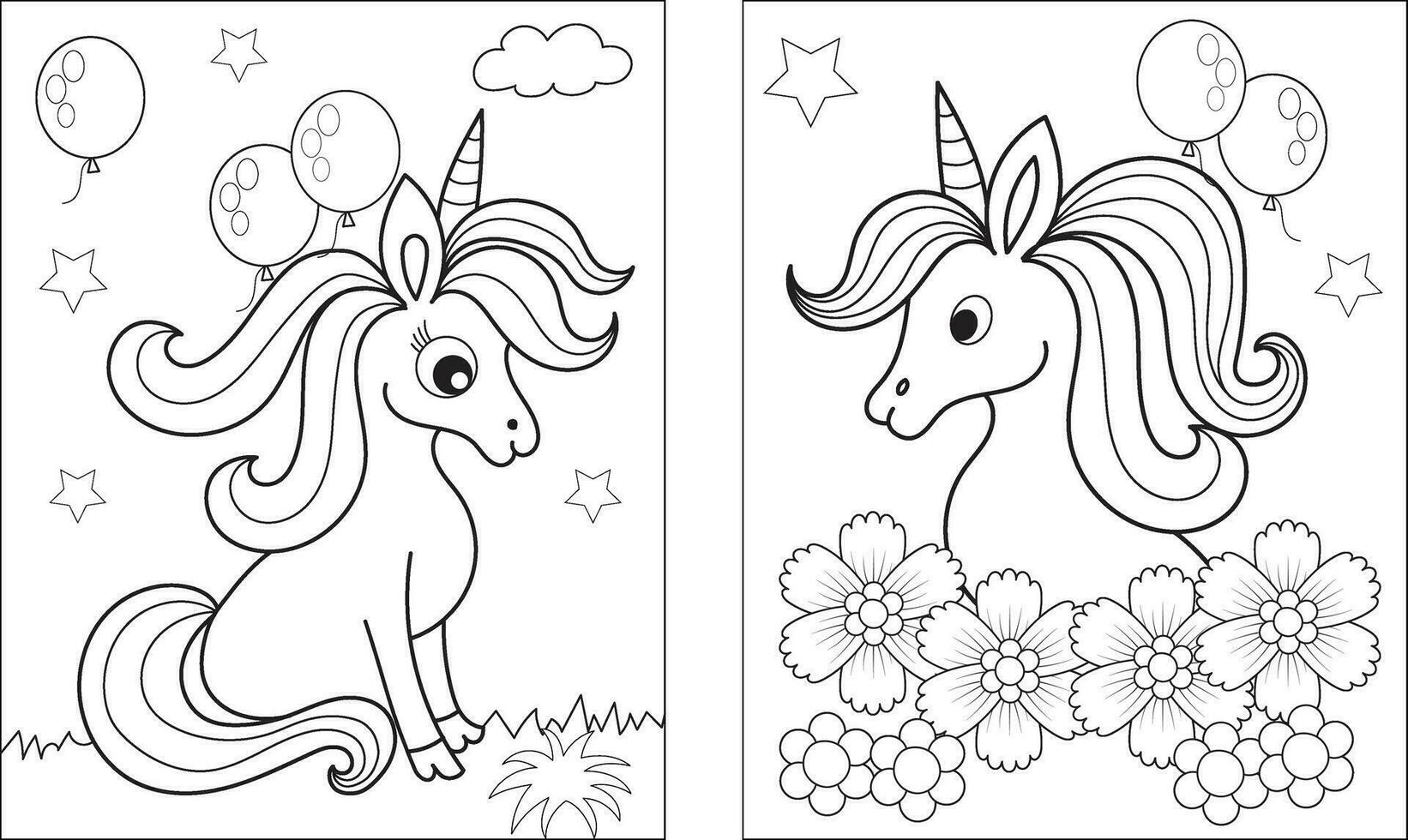 colorante página con linda unicornio. vector negro y blanco imagen para niños. frio unicornios con arcoíris, flores, dulces