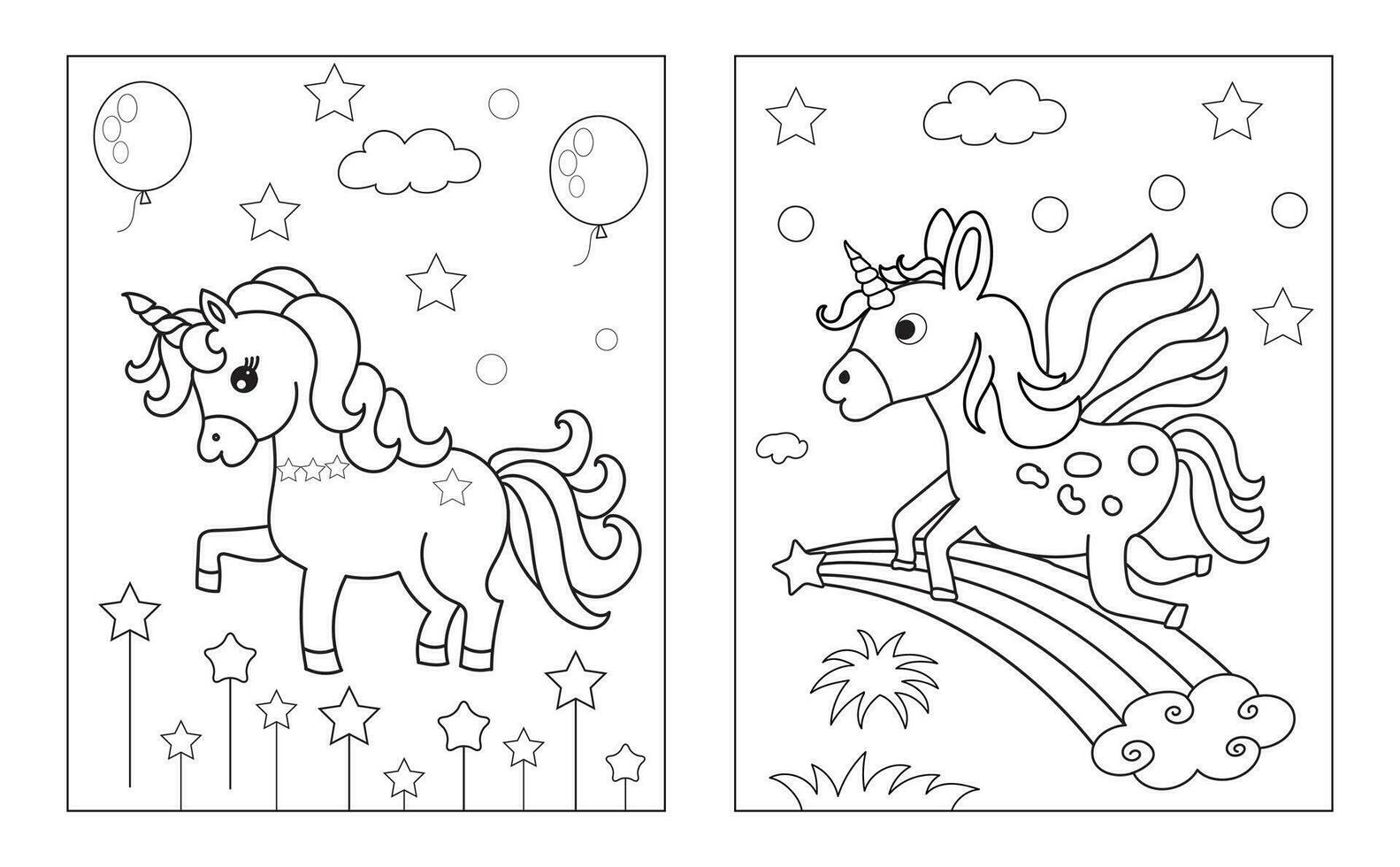 colorante página con linda unicornio. vector negro y blanco imagen para niños. frio unicornios con arcoíris, flores, dulces