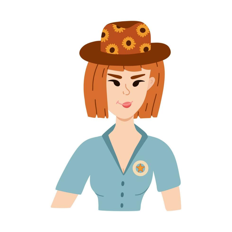 Hand drawn stylish young cowgirl wearing hat with sunflower pattern, sheriff badge. Cute cow girl portrait of Wild west theme. Vector western female character for print design, poster, cowboy party.