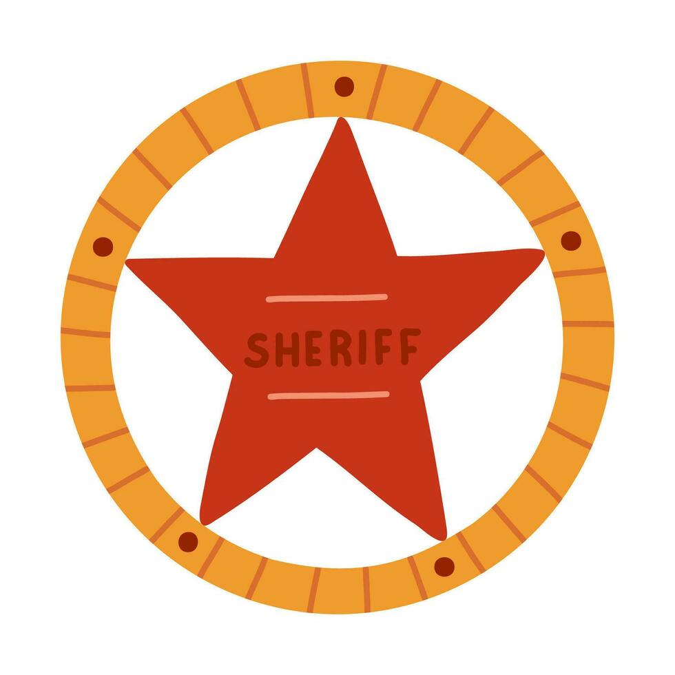 Hand drawn sheriff badge in the star shape in cartoon cute style. Golden emblem of western police, sign of law, security and justice. Wild West and cowboy symbol with shields isolated on background. vector