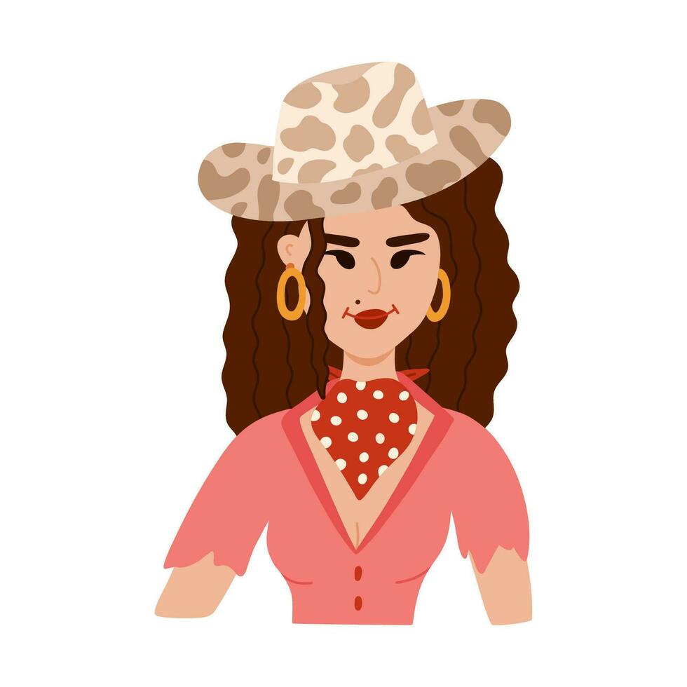 Hand drawn stylish young cowgirl wearing leopard print hat, bandana, shirt. Cute portrait of cow girl of Wild west theme. Vector western female character for print design, poster, cowboy party.