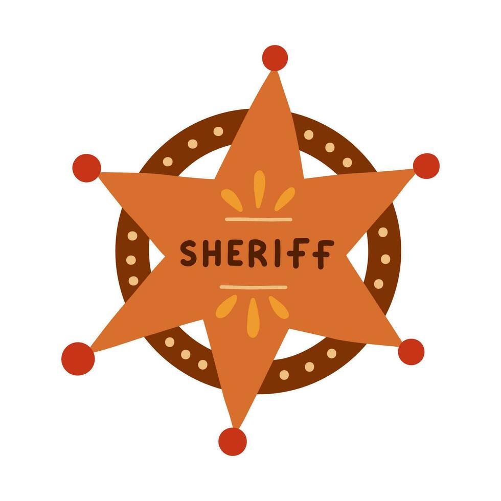 Hand drawn sheriff badge in the star shape in cartoon cute style. Hexagonal emblem of western police, sign of law, security and justice. Wild West and cowboy symbol with shields isolated on background vector