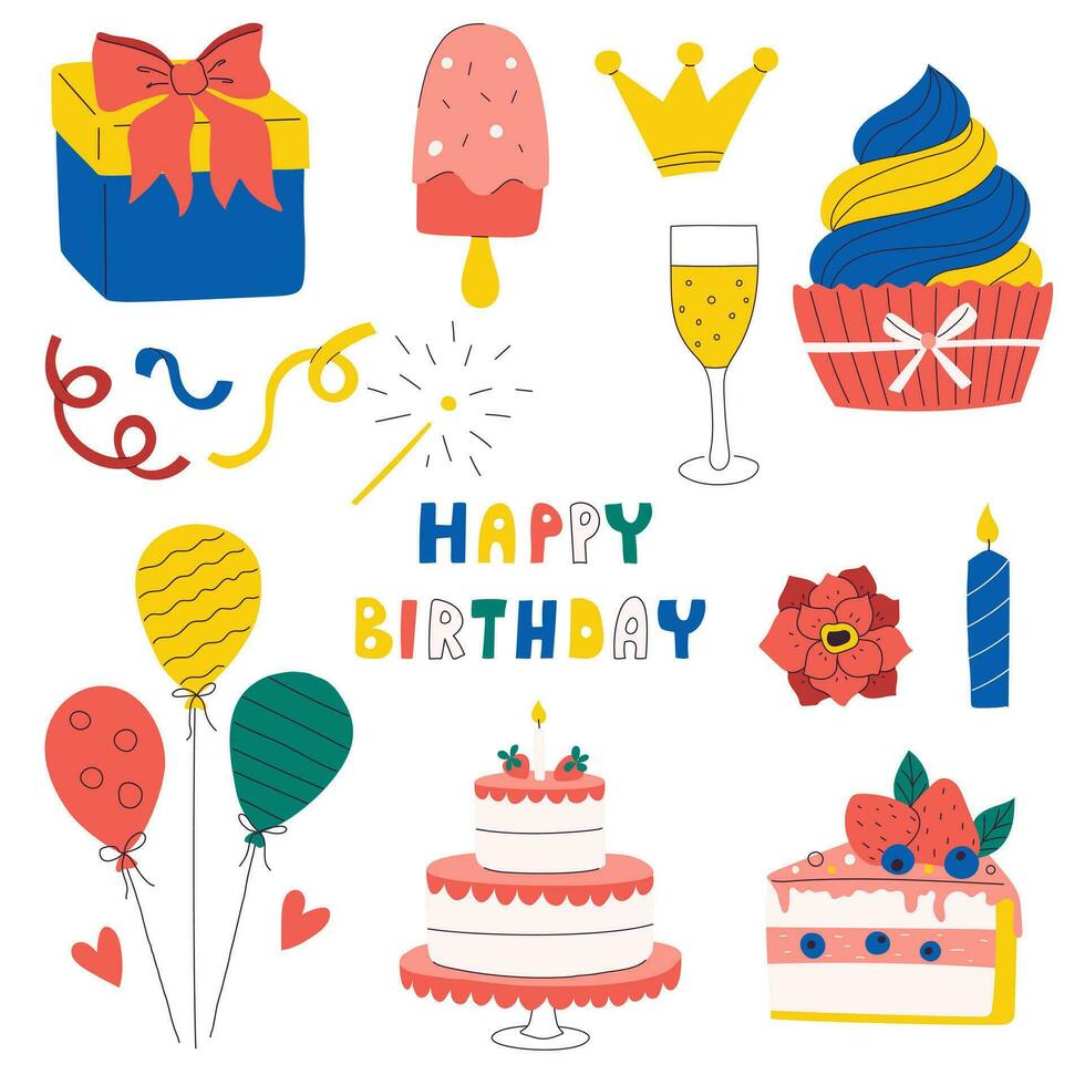 conjunto de decorativo elemento para cumpleaños fiesta. diseño objetos para festivo evento, día festivo, celebracion, aniversario. de moda plano dibujos animados estilo. vistoso vector ilustración aislado en blanco antecedentes