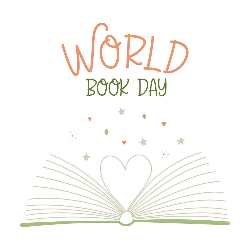 World book day greeting card. Open book with pages folded in the shape of a heart. Decoration for Literacy day. Simple Flat vector illustration isolated on a white background.