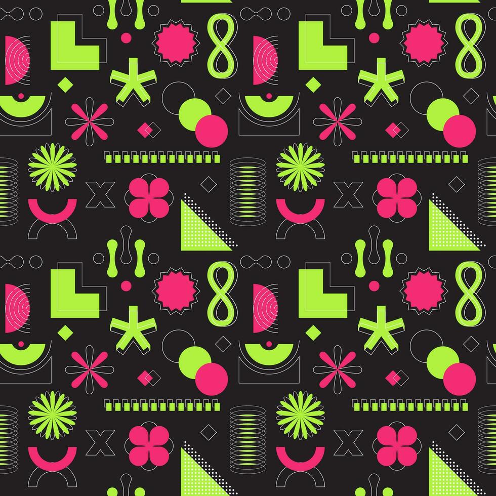 Bright pink and green neon acidic seamless pattern. Abstract geometric shapes, bold, linear objects. Brutalism, retro futurism style. For web design, posters, covers. Vector illustration on black.