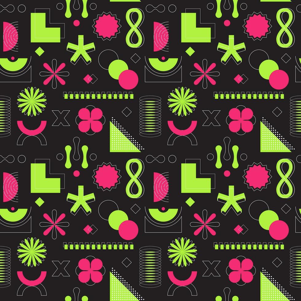 Bright pink and green neon acidic seamless pattern. Abstract geometric shapes, bold, linear objects. Brutalism, retro futurism style. For web design, posters, covers. Vector illustration on black.