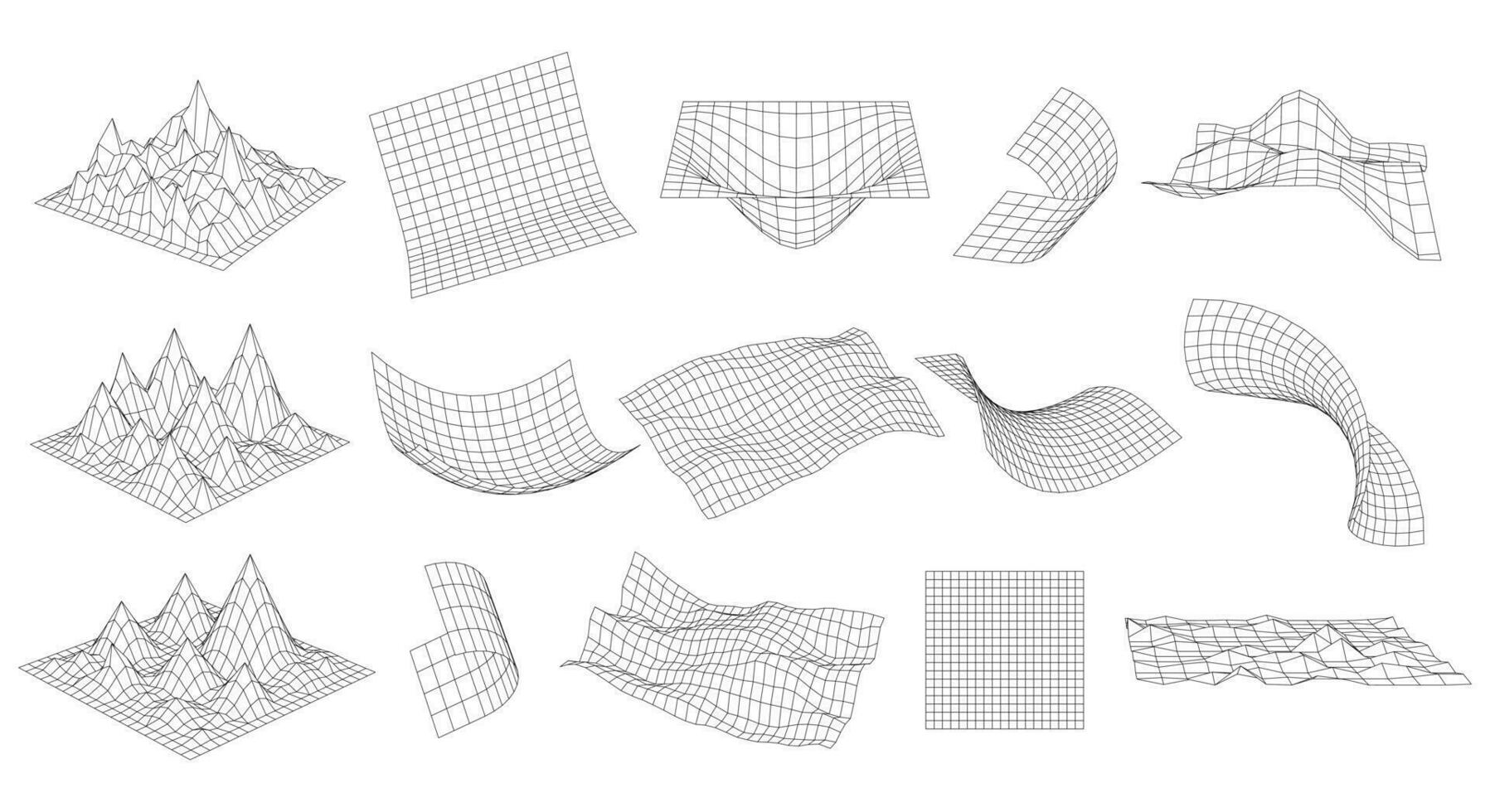 3D Glitch rectangle plane set. Distorted perspective grid collection. Abstract Wavy futuristic design elements. Ripple wireframes net. Vector geometric line mesh, square structure grid