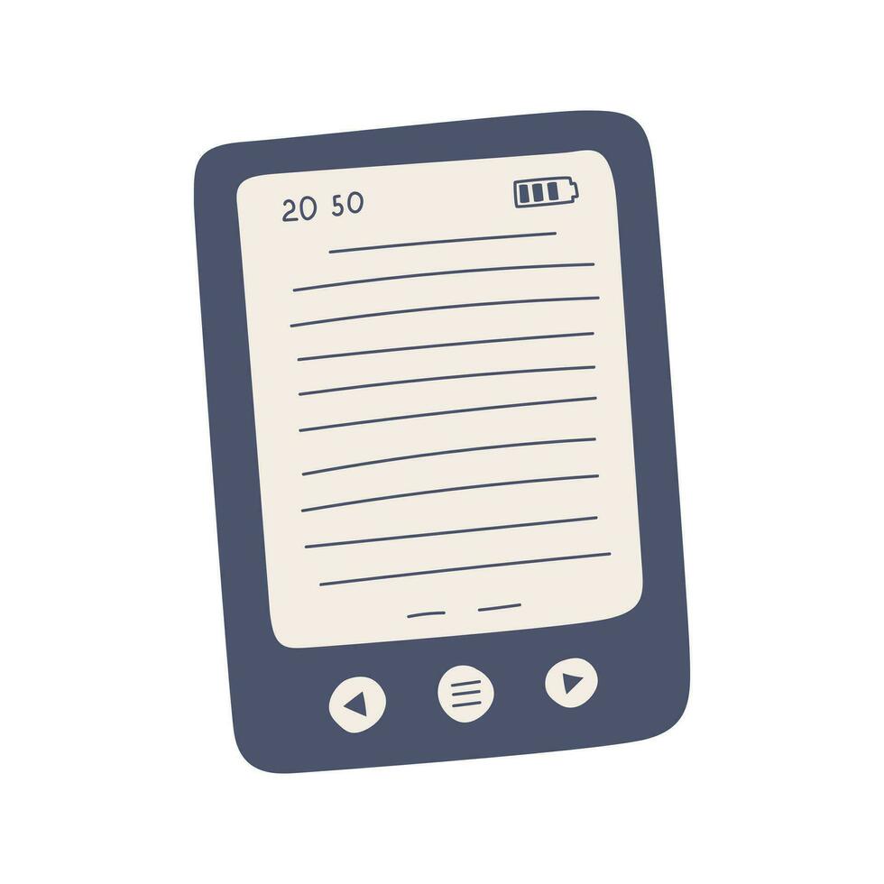 E-book screen with buttons and charge indicator. Simple hand drawn pocket book. Flat cartoon vector illustration isolated on a white background.