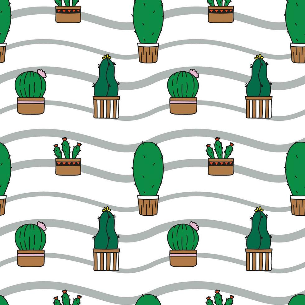 Childish seamless cactus pattern. Cactus template. Cacti in pots. Vector background. Cute cartoon cactus template